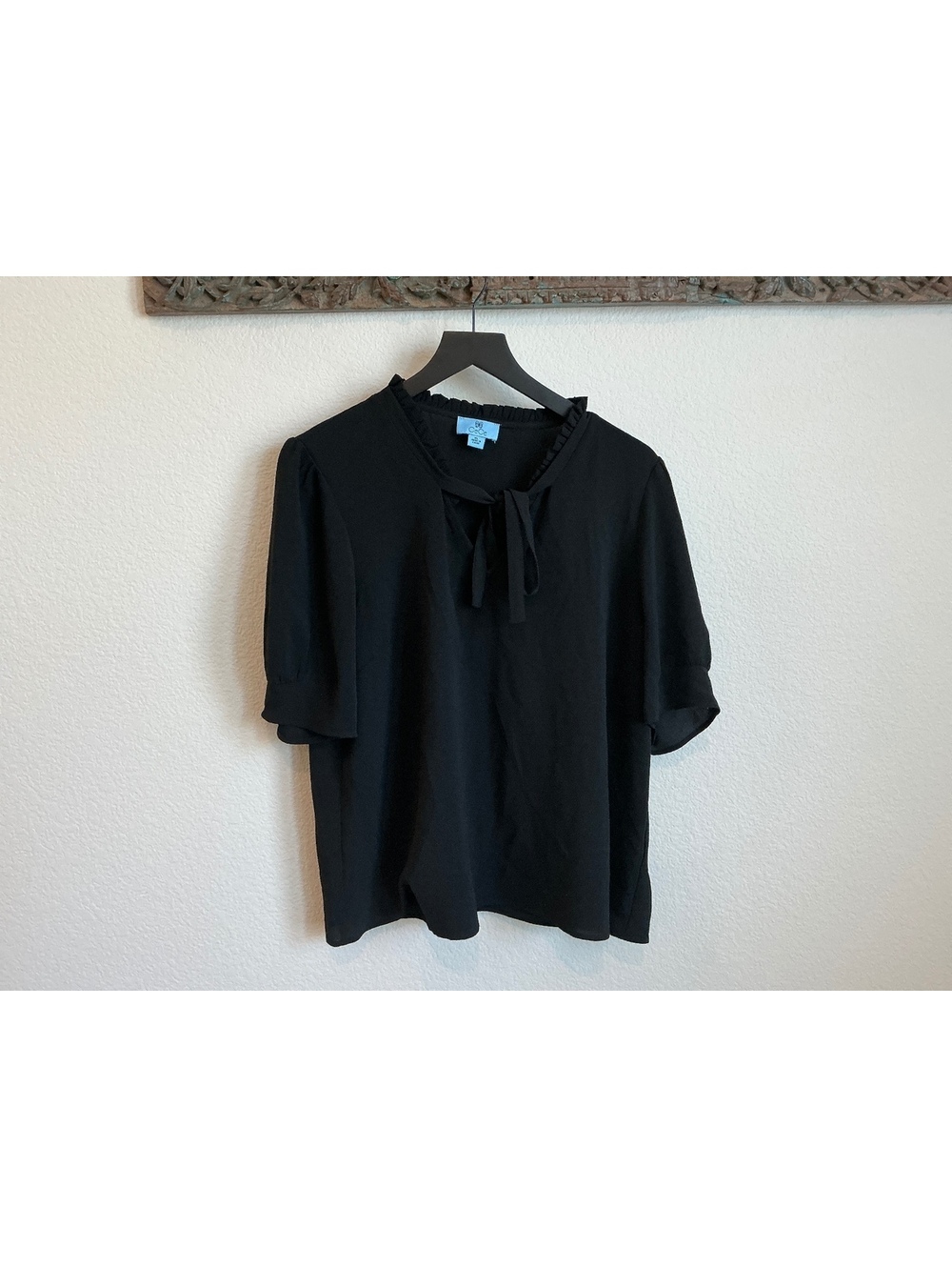 CeCe Black Ruffle Trim Tie Neck Blouse XL